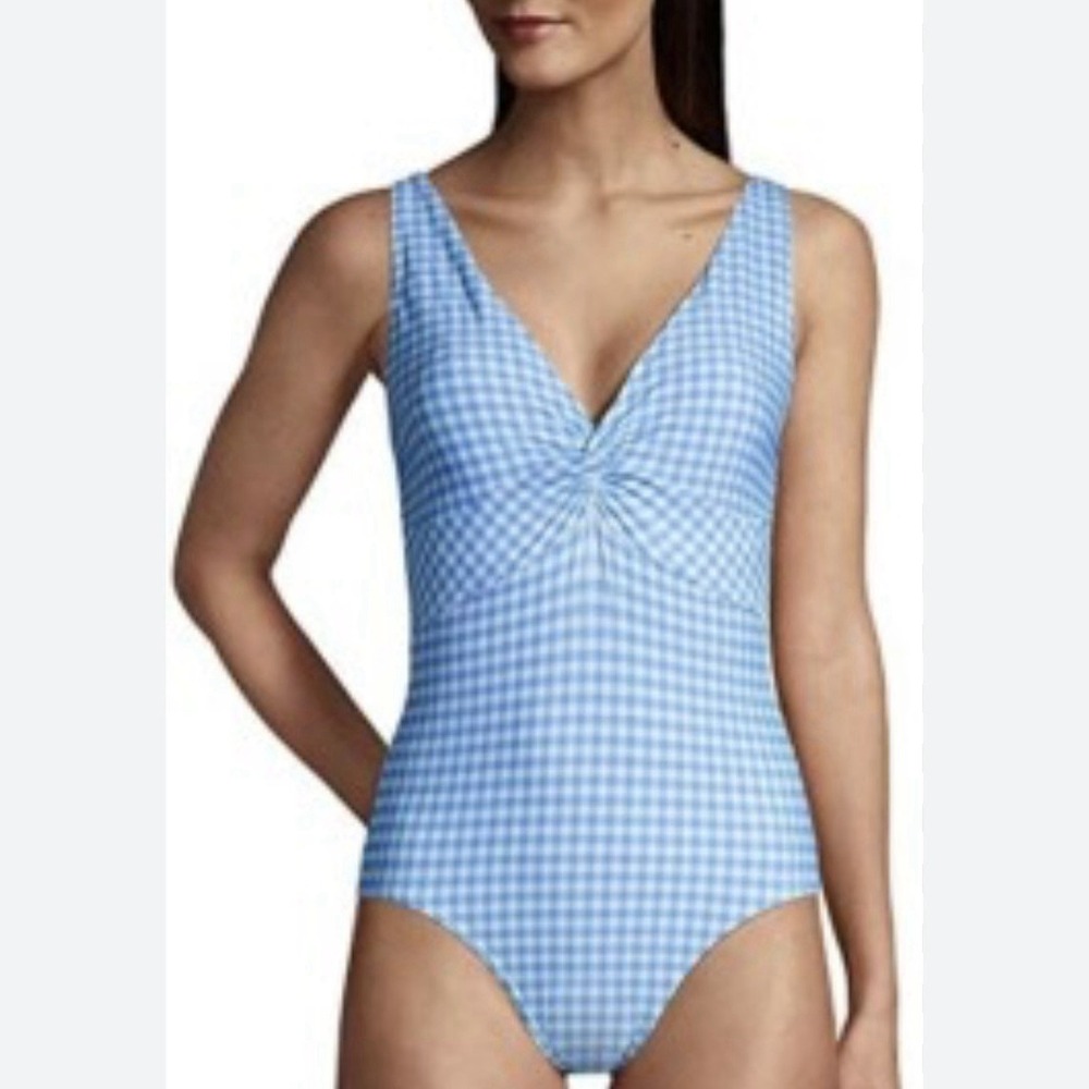 Lands End‎ Blue Gingham Tummy Control Twist Front 1 Piece Swimsuit 12 PETITE